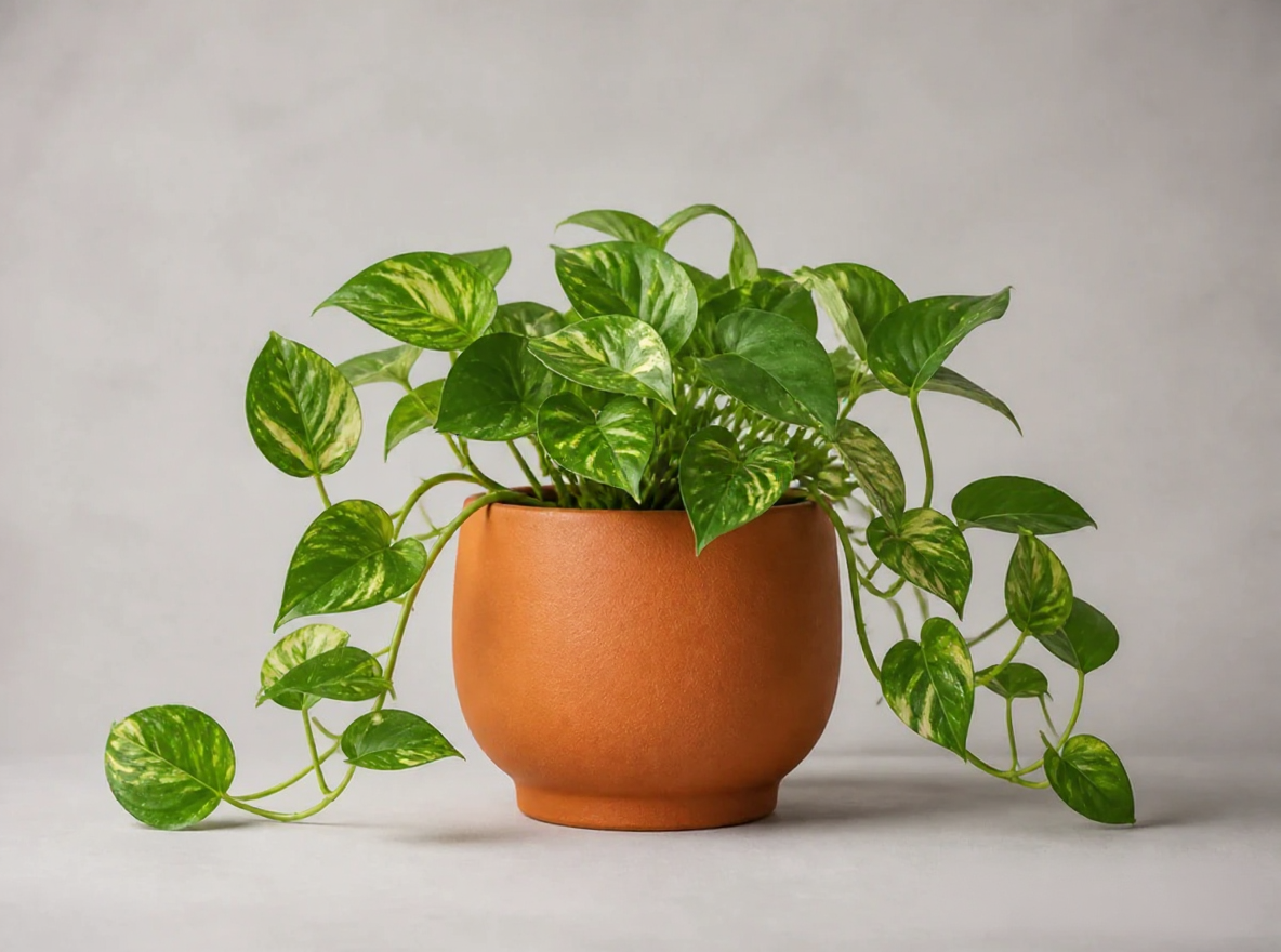 AI-processed potted plant with the text watermark and corner logo removed