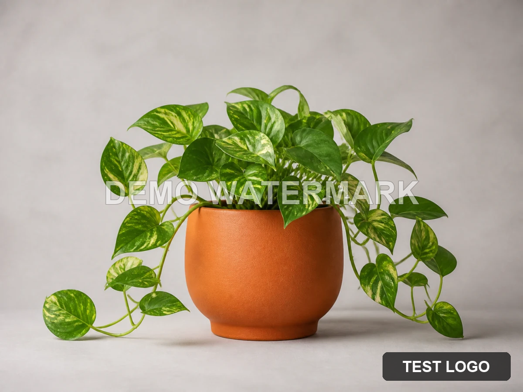 Potted plant with a translucent text watermark and a dark corner logo overlay