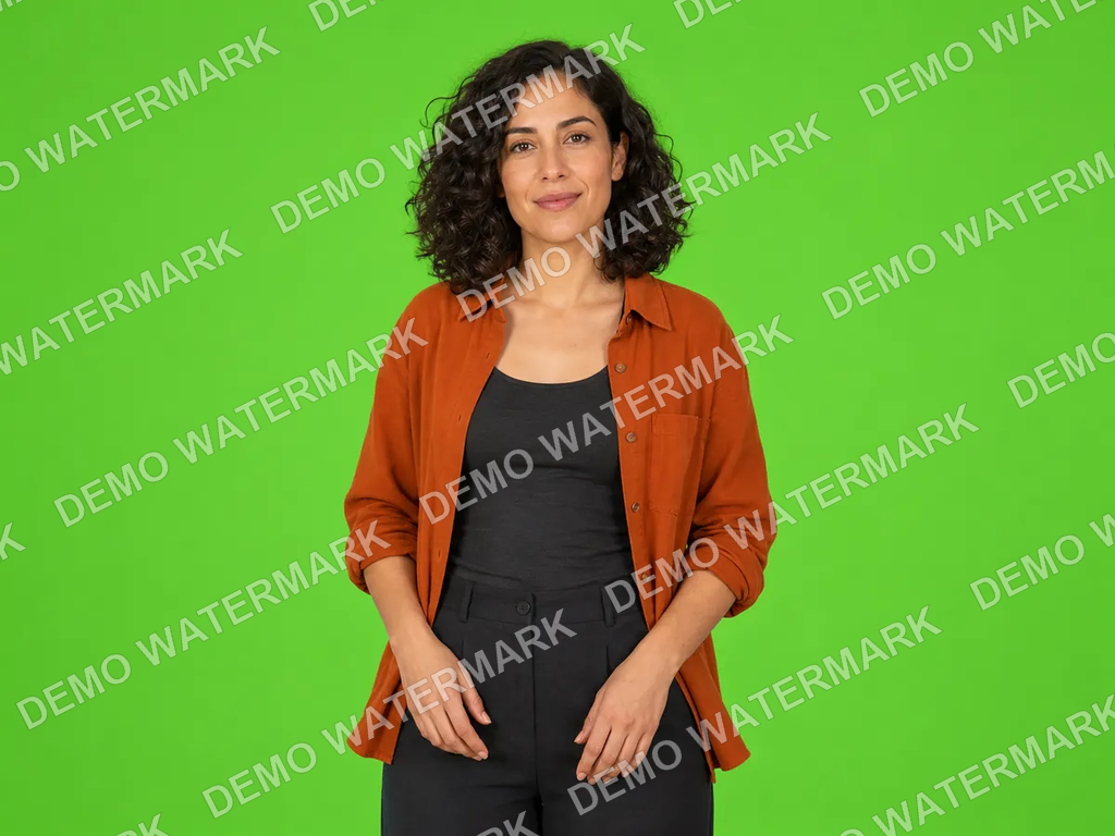 Portrait with repeated diagonal text watermarks across the person and green background