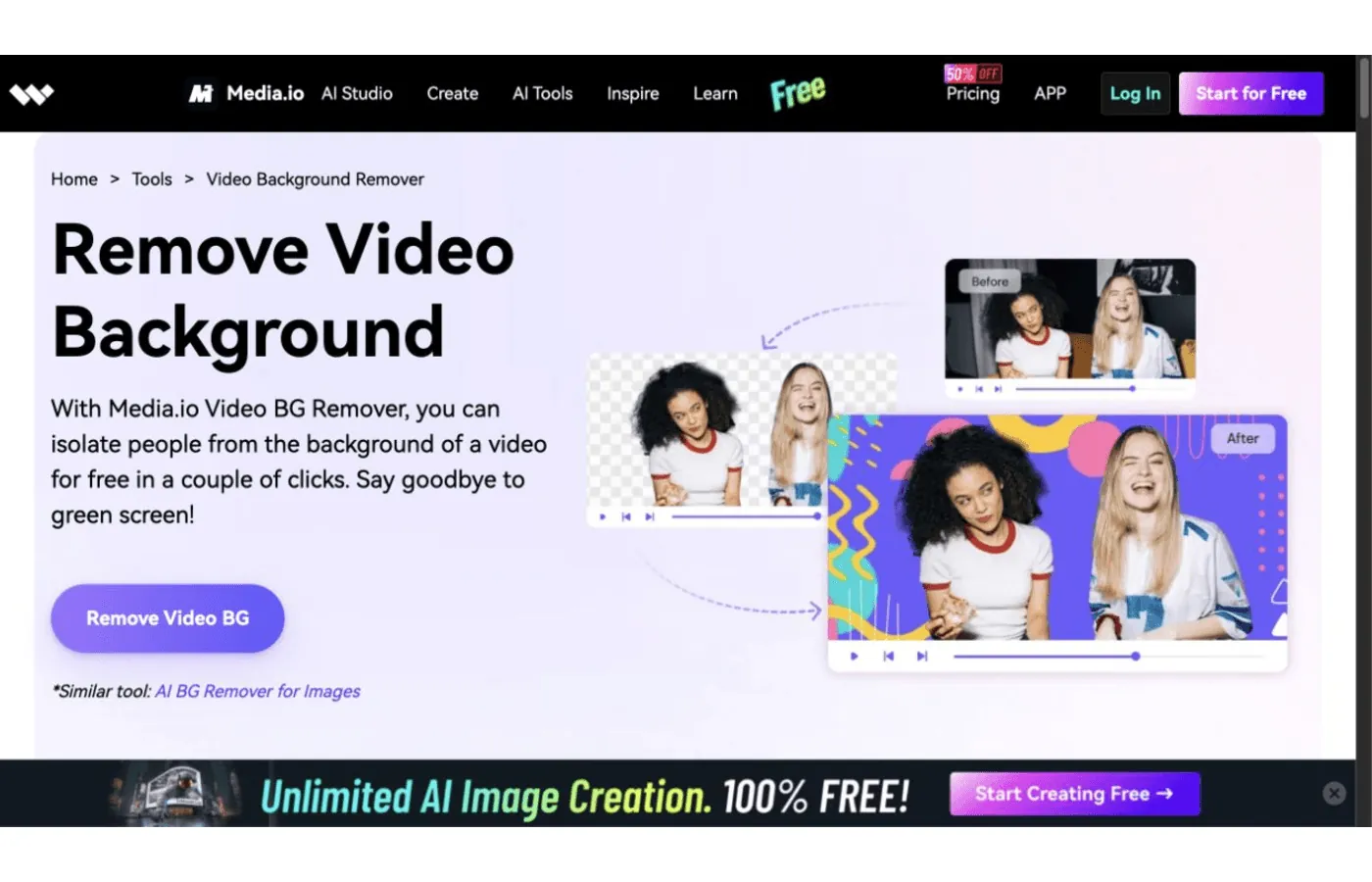 Strumento online di Media.io per rimuovere lo sfondo dai video
