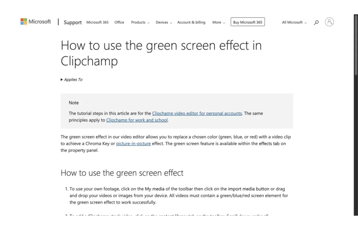 Istruzioni di Microsoft Clipchamp per il montaggio con green screen