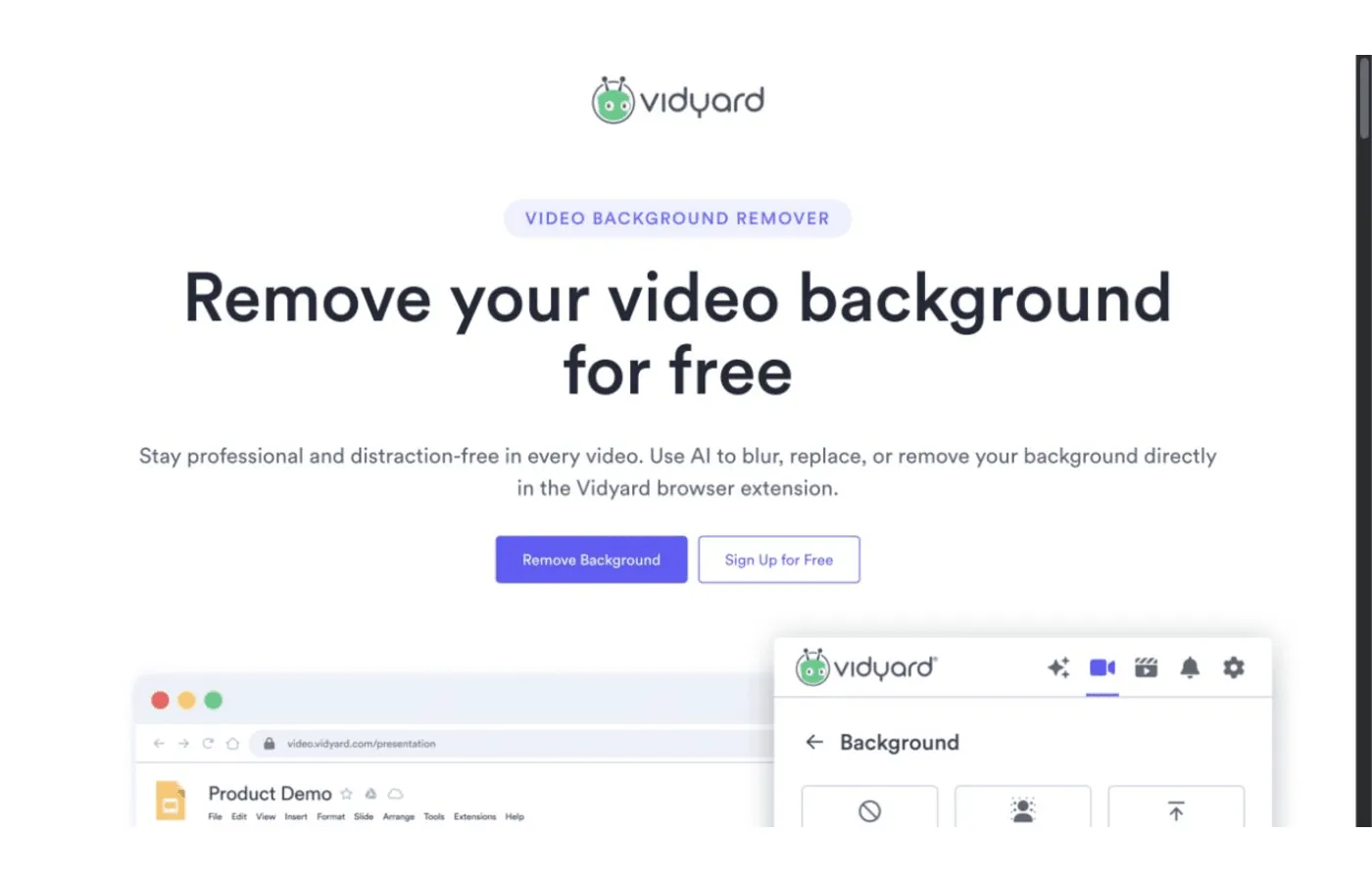 Pagina Vidyard per la rimozione dello sfondo video in tempo reale