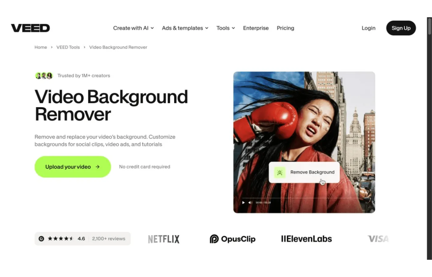 Pagina VEED per la rimozione dello sfondo video con IA