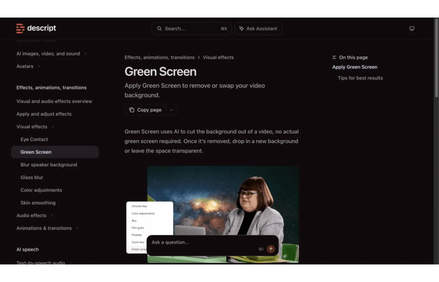 Guida Descript alla rimozione dello sfondo con AI Green Screen