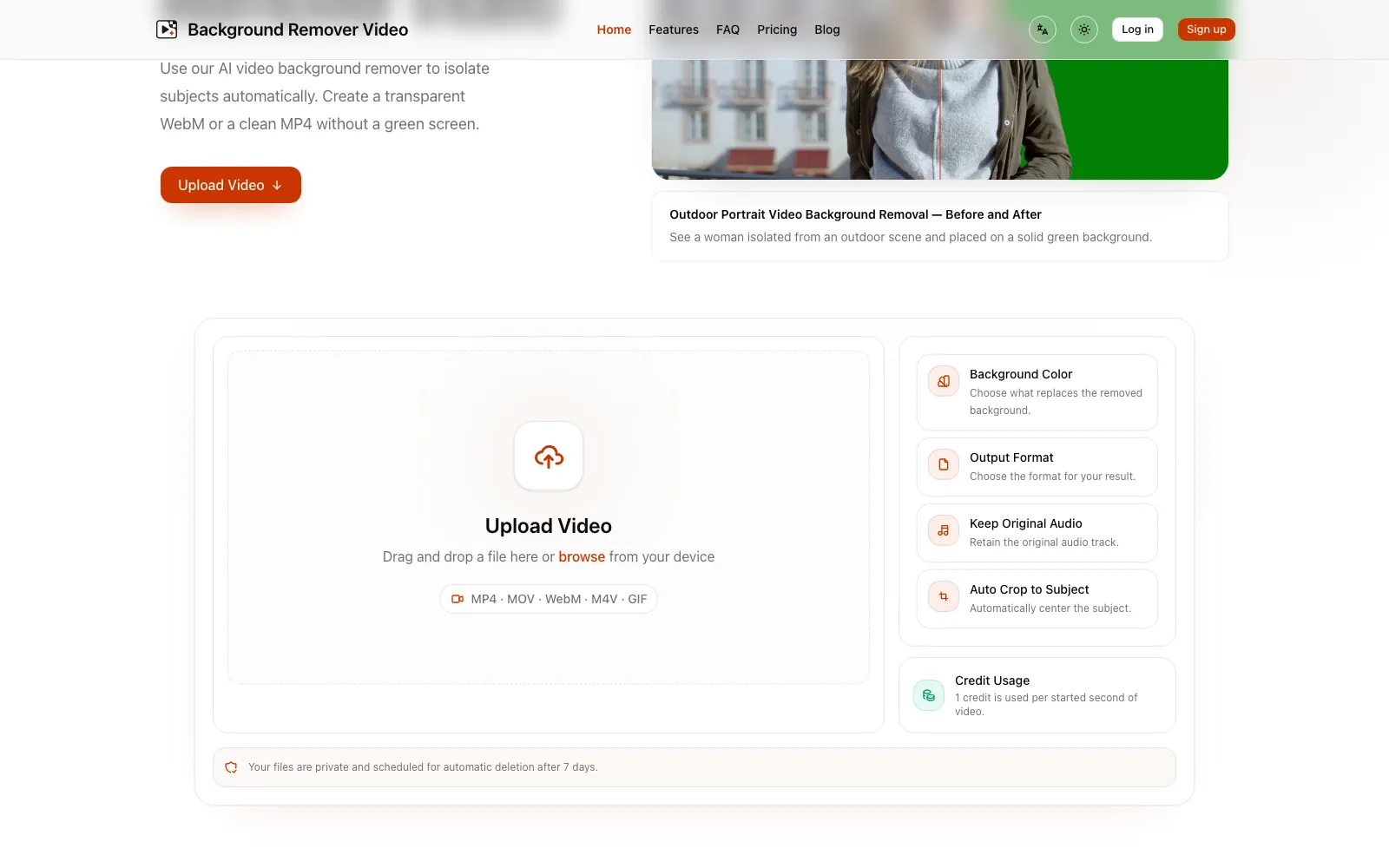 Interfaccia di caricamento e impostazioni di output di BackgroundRemover.Video