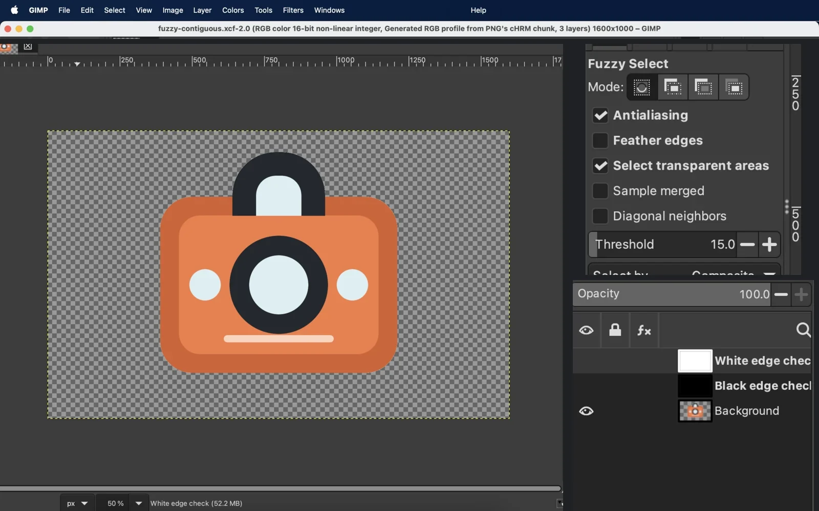 Seleção Contígua no GIMP 3.2.4 com limite 15: fundo azul-claro conectado transparente e vãos internos ainda opacos