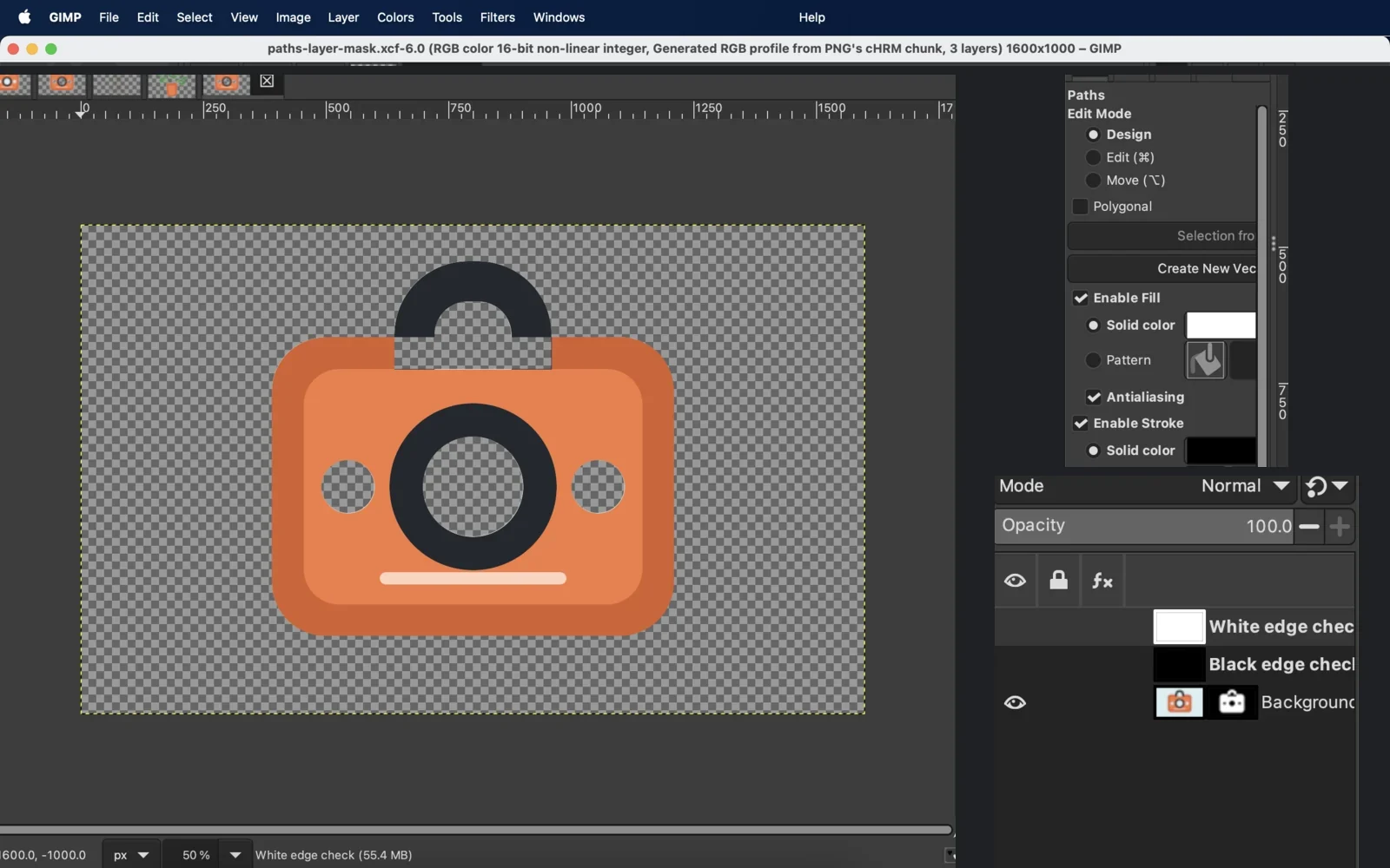 Ferramenta Paths e máscara de camada no GIMP isolando um objeto laranja de borda dura com vãos transparentes