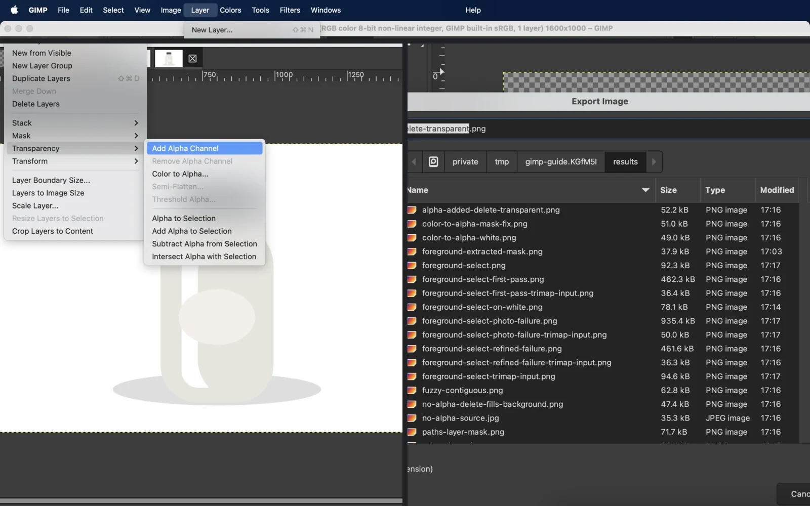 Menu Add Alpha Channel do GIMP ao lado da janela Export Image com um nome de arquivo PNG