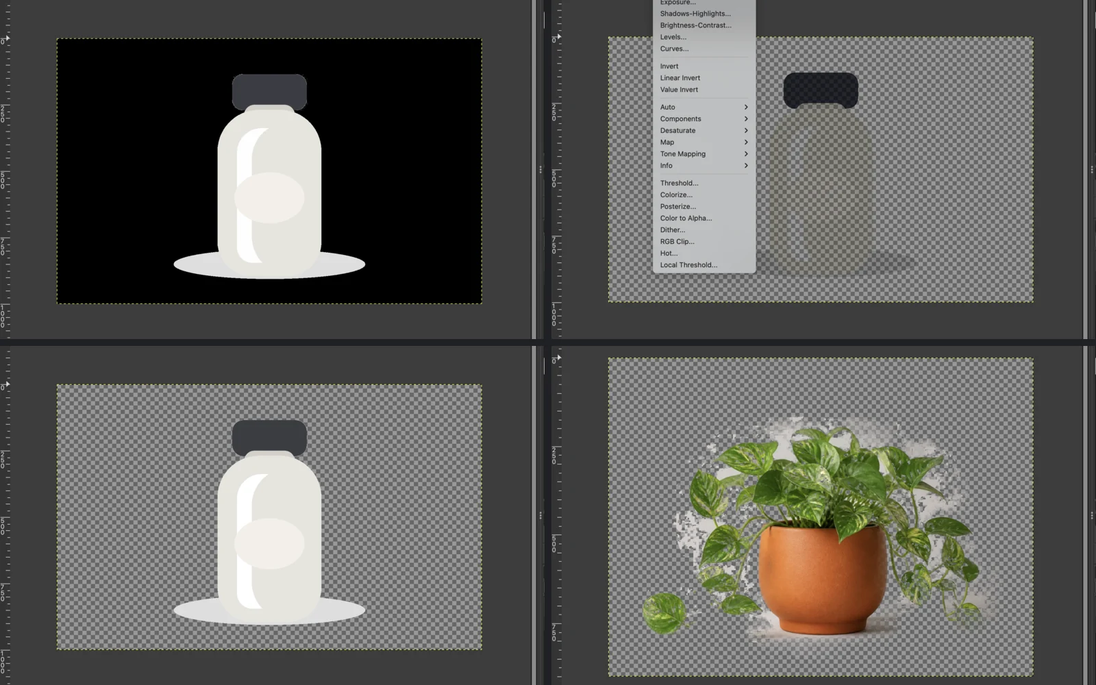 Quatro falhas no GIMP: preenchimento preto sem alfa, objeto claro danificado, correção por máscara e fundo restante entre folhas