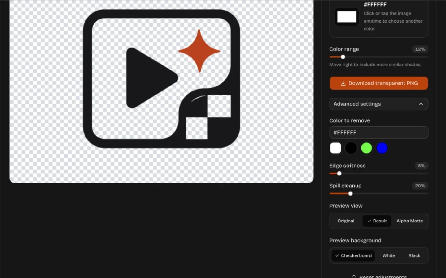 Remove Color from Image workspace with white selected and the repository-owned logo preview