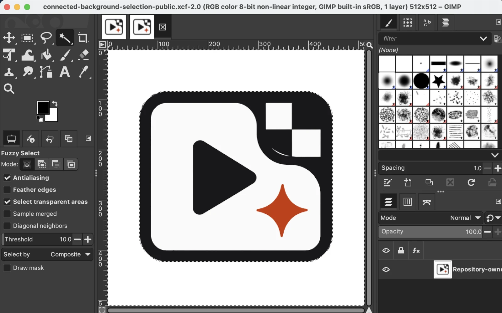 GIMP showing a connected selection around the outside white background of the test logo