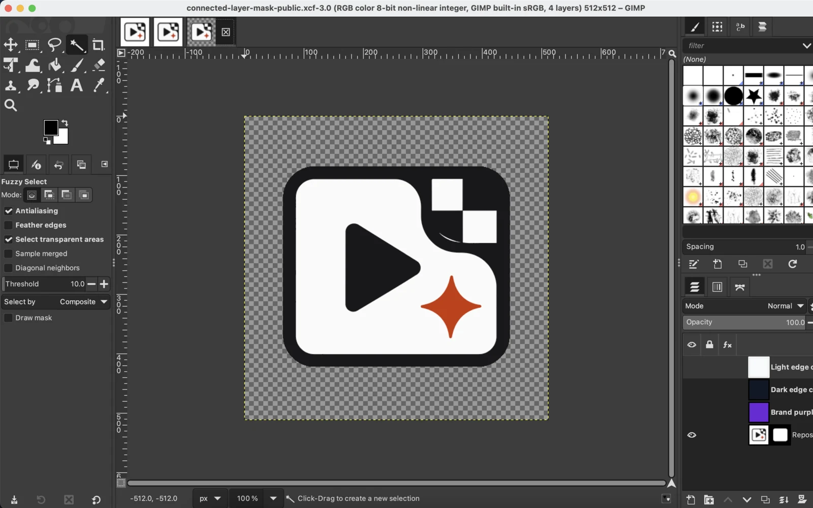 GIMP layer mask view with the outside background transparent and internal white logo details retained
