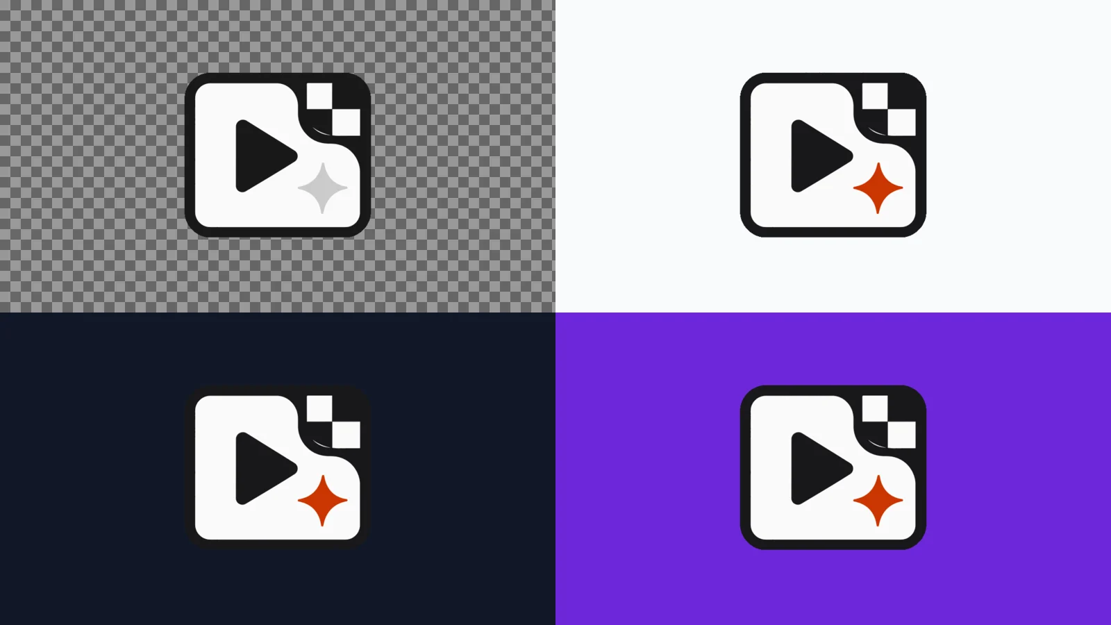 Transparent logo checked on checkerboard, light, dark, and purple backgrounds
