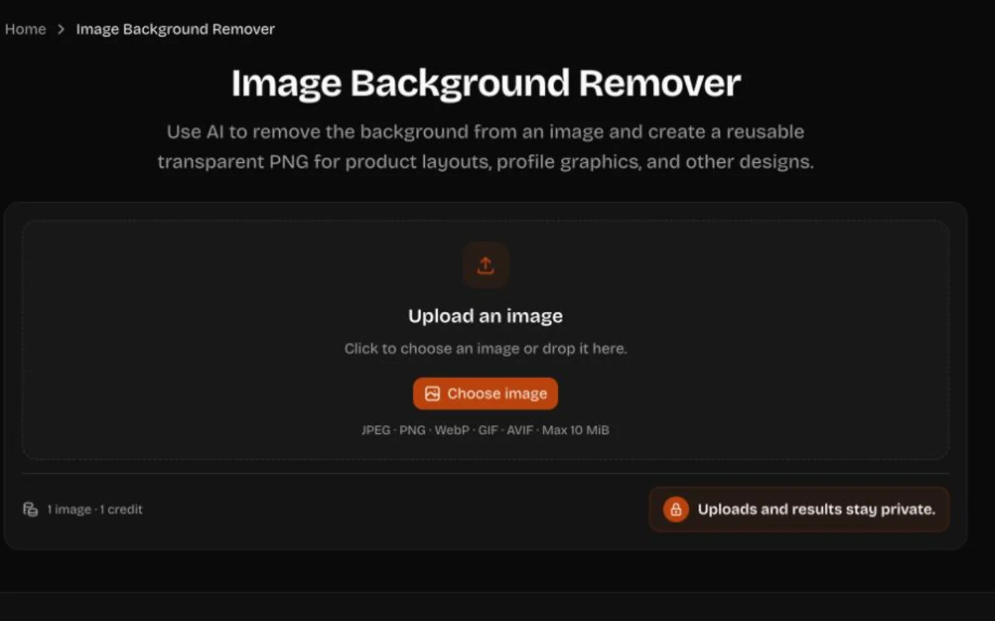 Image Background Remover idle workspace showing the public upload area and current limits