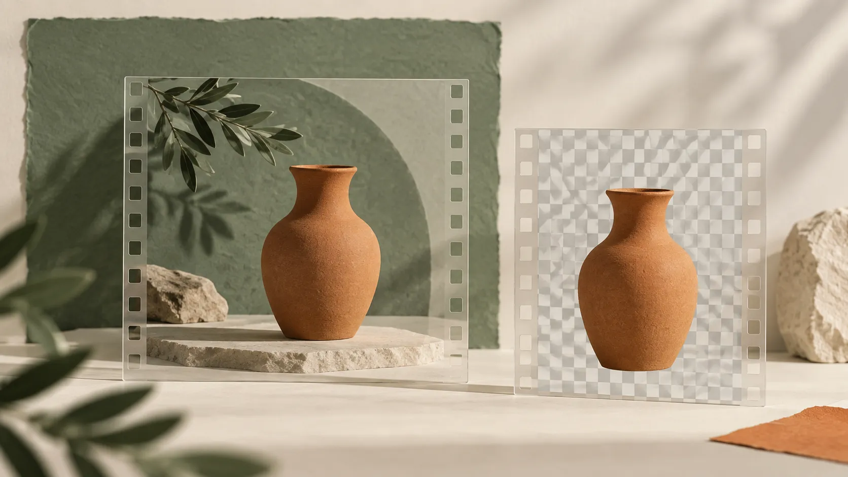 Concept illustration comparing a vase composited onto a scene with a separate cutout on a checkerboard